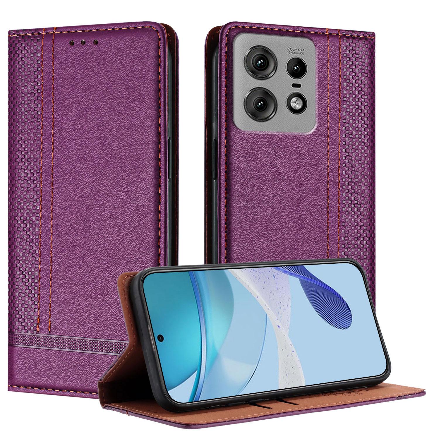 

For Motorola Edge 50 Pro 5G Case L-Shaped Grid Pattern Leather Stand Phone Cover with Card Slots Purple