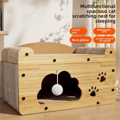 New Cat Play and Sleep Integrated Mansion Villa Double-layer Wooden Cat Scratching Board Multi-functional Cat Nest Scratch-resistant Pet Toy