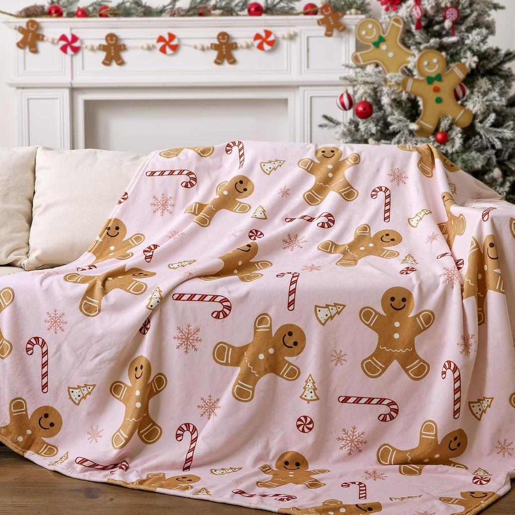 Pink Flannel Gingerbread Man Bed Blanket, Lightweight Cozy Christmas Blanket for Couch Sofa Bed Living Room Home Decor Gifts