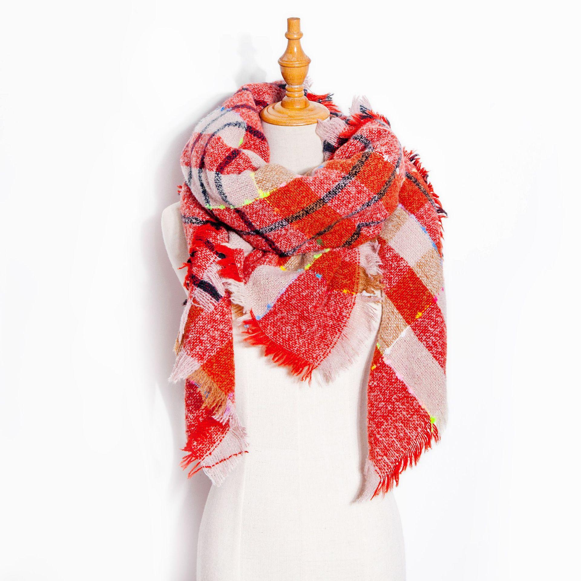 Осенне-зимний шарф с кисточками, женский клетчатый теплый треугольный платок 13