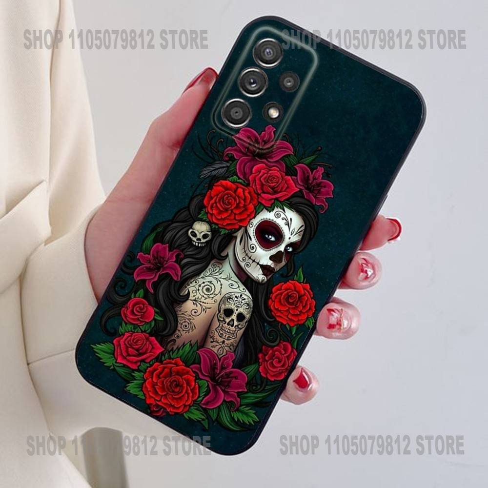 Catrina Beautiful Rose Girl Skull Phone Case For Samsung S25,24,21,22,23,30,Ultra,20,Plus Black soft silicone case