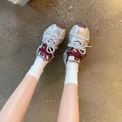 Rindslederversion doppelte Schnürsenkel Mesh-Einsätze dicke Sohle erhöhend Dad-Schuhe Damen Casual Leder-Sneaker