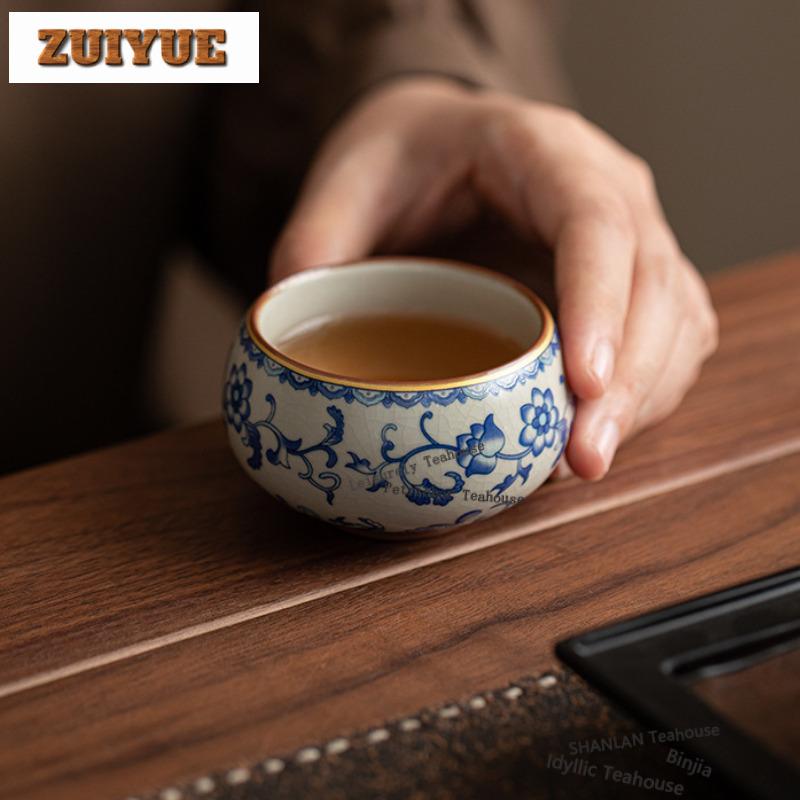 90ml Ru Kiln Interlock Branch Lotus Decoration Teacup Zen Tea Bowl Mug Tea-tasting Smelling Cup Jianzhan Master Cups Collection
