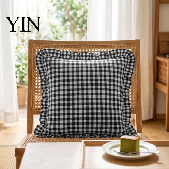 Federa Cuscino Decorativa Divano Shabby Chic con Volant, Fodera Cotone a Quadri con Bordo Arricciato, Federe Arricciate Vintage 18x18 Pollici 20x12 Copertura Decorativa