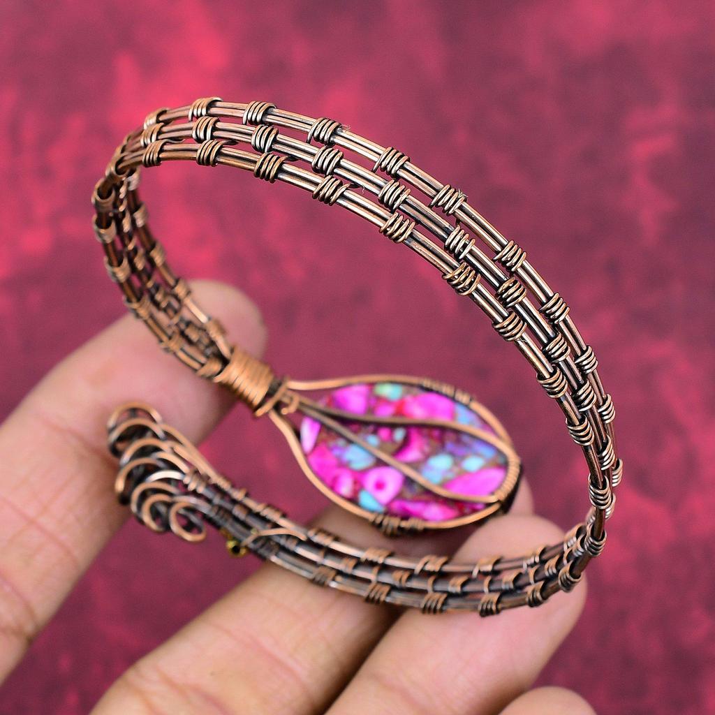 Natural Kingman Pink Dahlia Turquoise Cuff Bracelet Copper Wire Wrapped Bangle Handmade Gemstone Jewelry Adjustable Bangle Anniversary Gifts