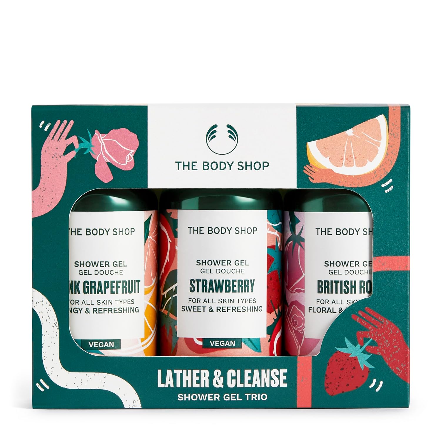 The Body Shop Подарочный набор из трех гелей для душа «Британская роза, розовый грейпфрут, клубника» 3 x 60 мл Набор гелей для душа дорожного размера