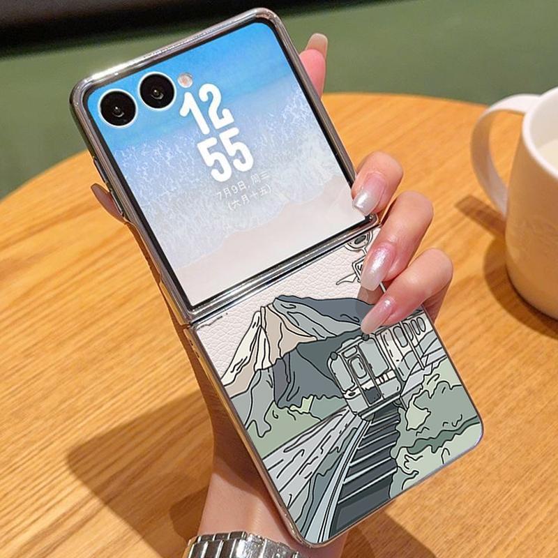 Mountain Range PU Leather Phone Case For Samsung Galaxy Z Flip7 FE Flip6 Flip 7 6 5 5G Silver Plating Frame Hard Folding Cover