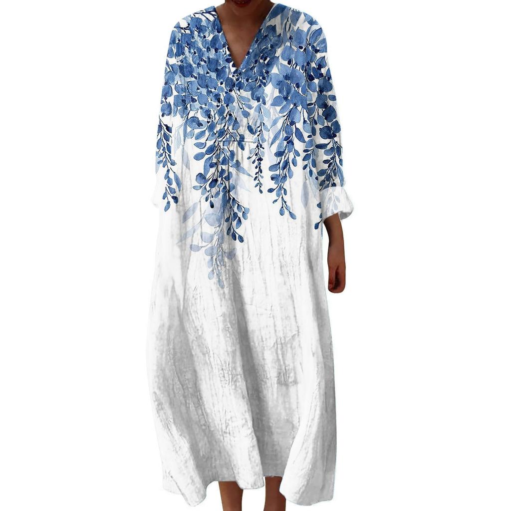 Women's Casual And Fashionable V-Veck Printed Long Sleeved Dress Long Sleeved Dress