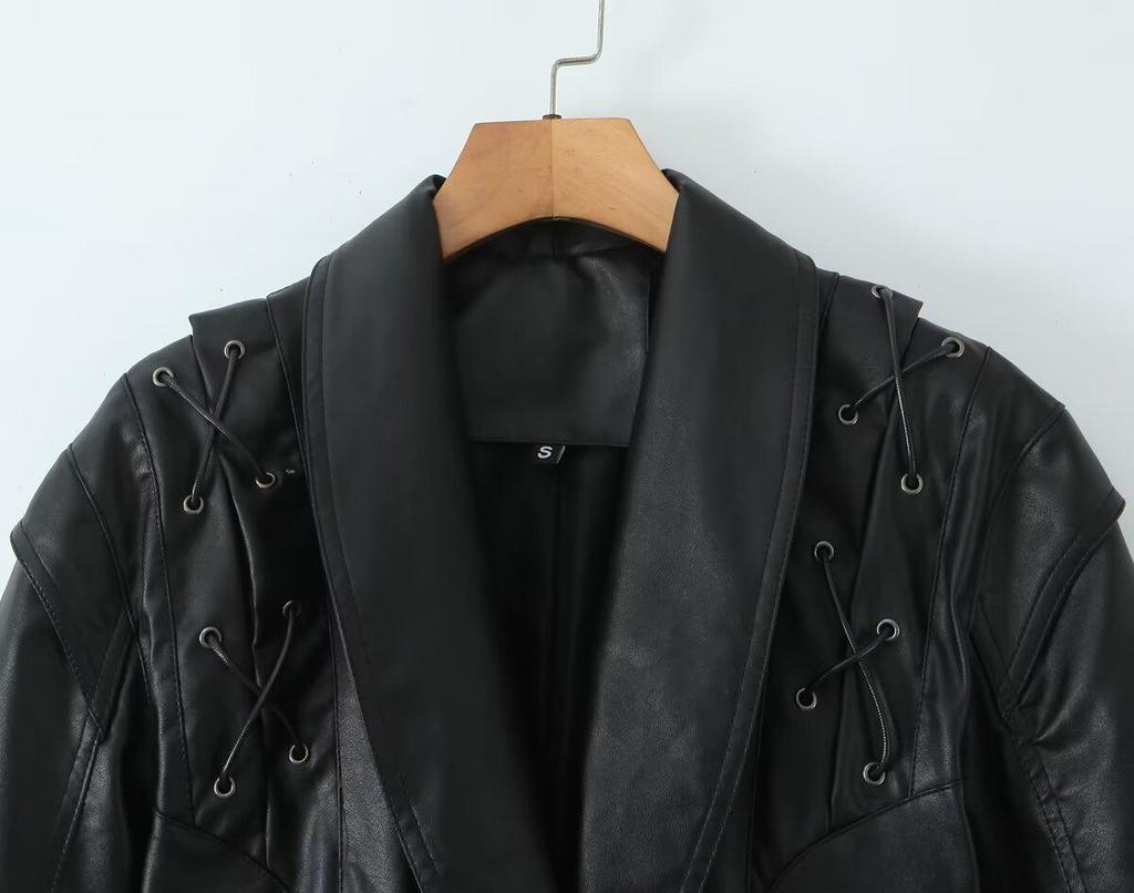 2026 Autumn Women's Elegant Faux Leather Belted Lapel Jacket
