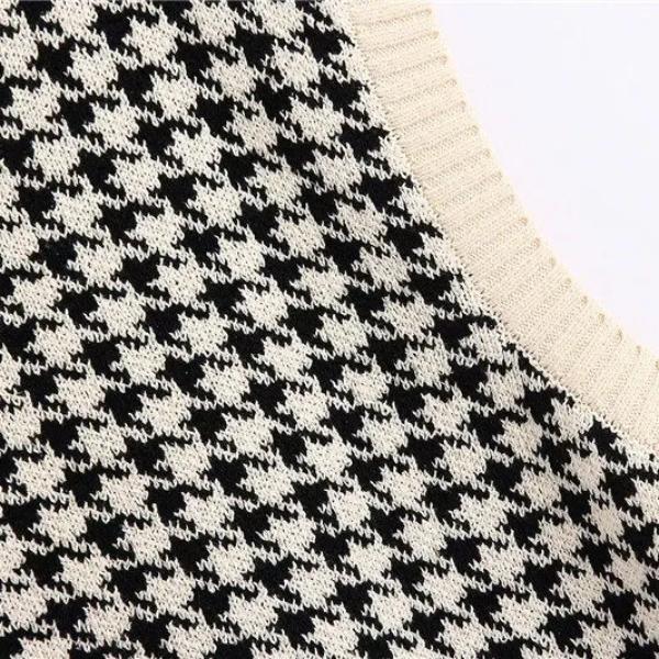Dámská móda Oversized Houndstooth Kostkovaný svetr Pletená vesta Vintage Bez rukávů Boční rozparky Dámská vesta Elegantní topy