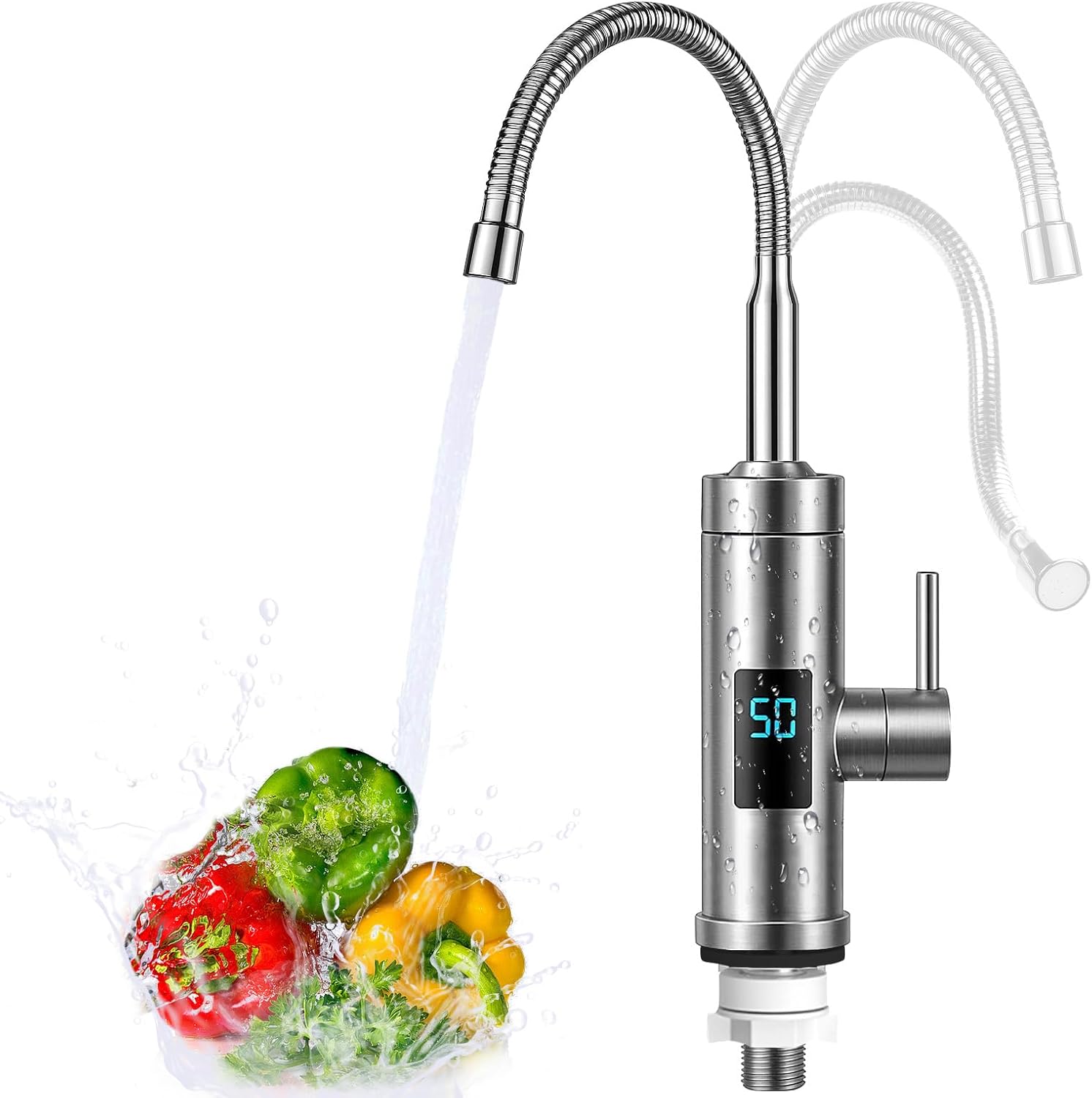 

Electric Tap with Instantaneous Water Heater, 2025 Upgrade 220 V 3000 W 360° Stainless Steel Hot and Cold Water Tap with LED Temperature Display,