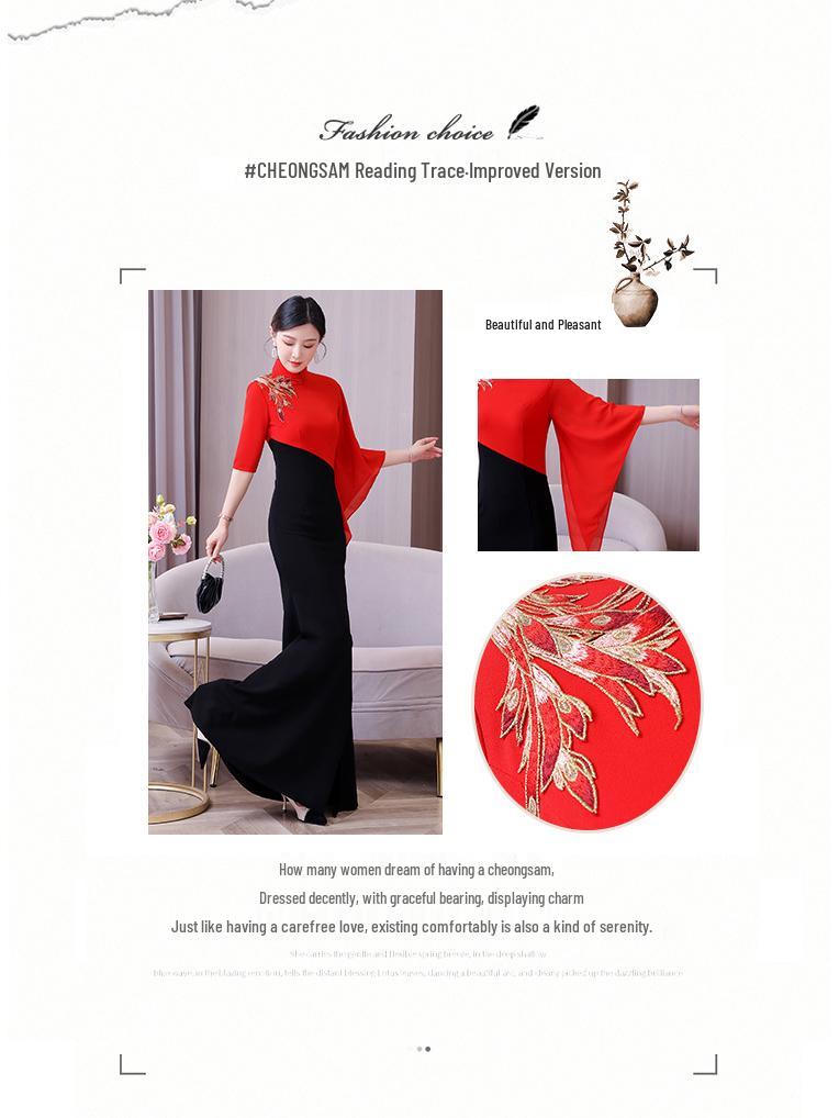 Čínské retro vyšívané šaty čchi-pao s vysokým límcem – Zeštíhlující národní styl, nadměrná velikost, ideální pro jevištní vystoupení a přehlídková mola