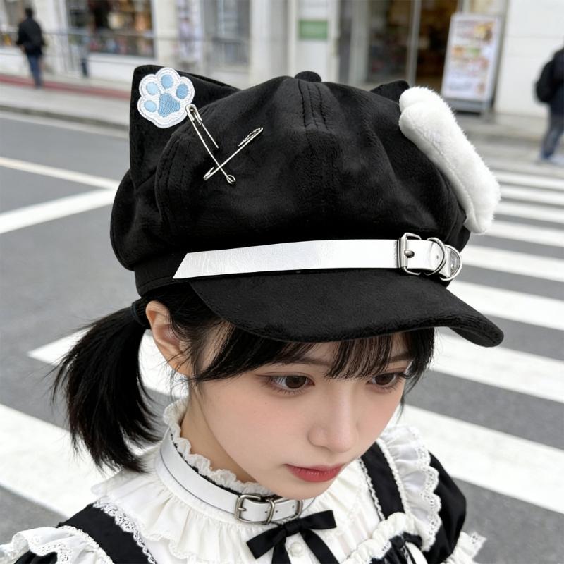 Bequemer achteckiger Hut für Damen Mädchen Katzenohren Barett Hut für Winter Herbst Anime Event 2000er Mode Kopfschmuck