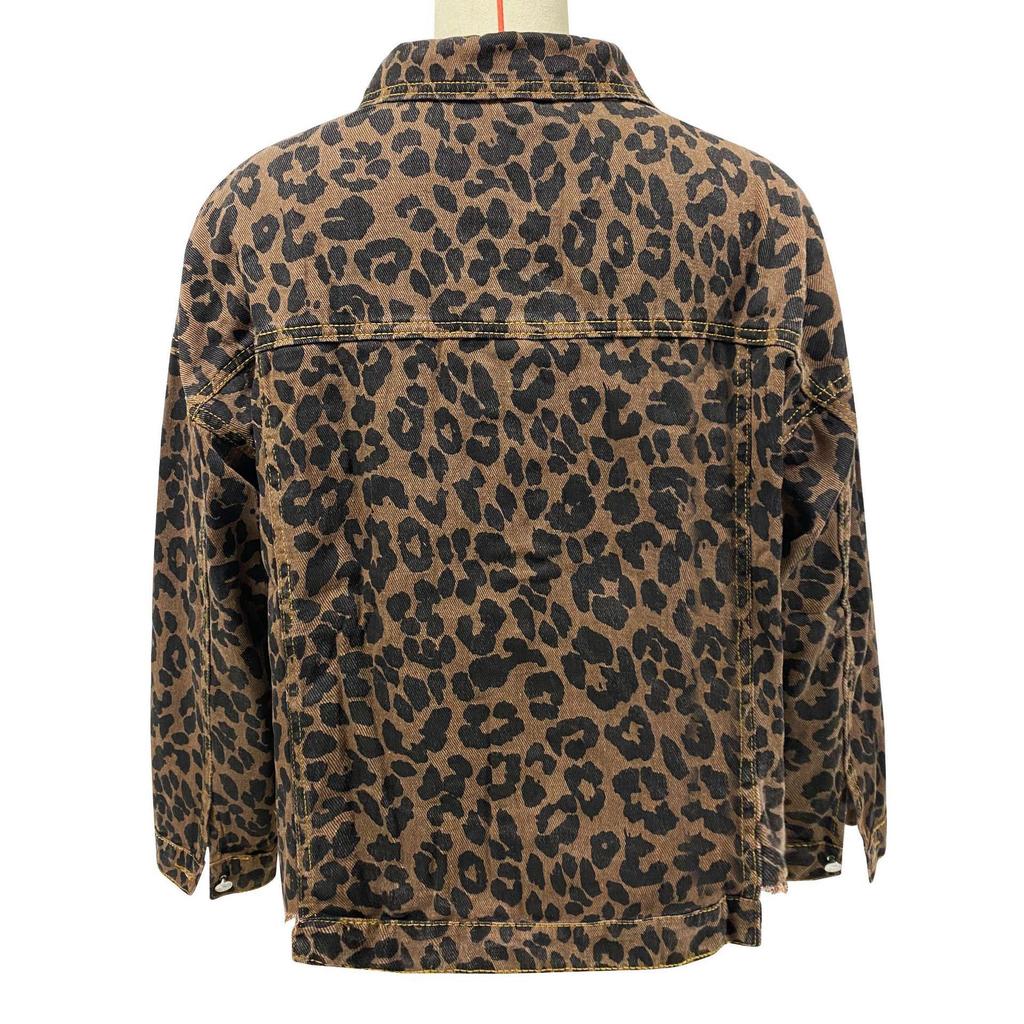 Leopard Print Long Sleeve Denim Short Jacket 2024