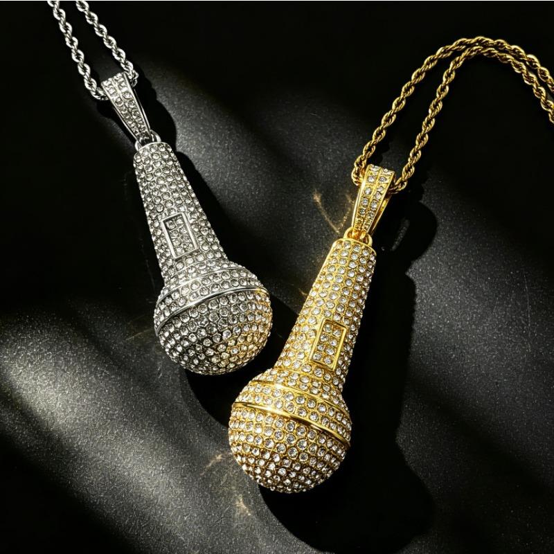 European and American Hip Hop Style Full Diamond Microphone Pendant Alloy Microphone Necklace Trendy Personalized Hip Hop Jewelry