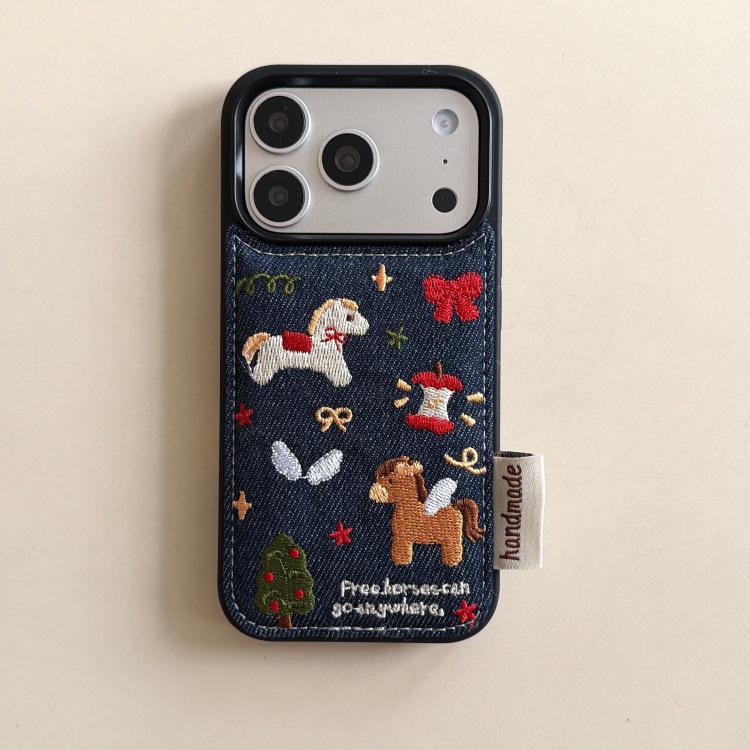 

Heart Cartoon Embroidered Denim Case for Apple iPhone 17 Pro Max & 16 Pro 14 Pro Max