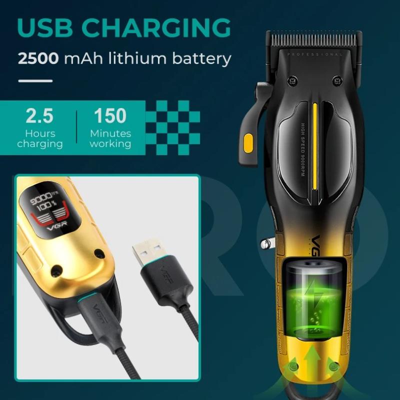 New VGR High-end Professional Hair Clipper Gradient Metal Body Oil Head Clipper Hair Trimmer 9000 RPM LCD Digital Display Electric Push Shear V-026