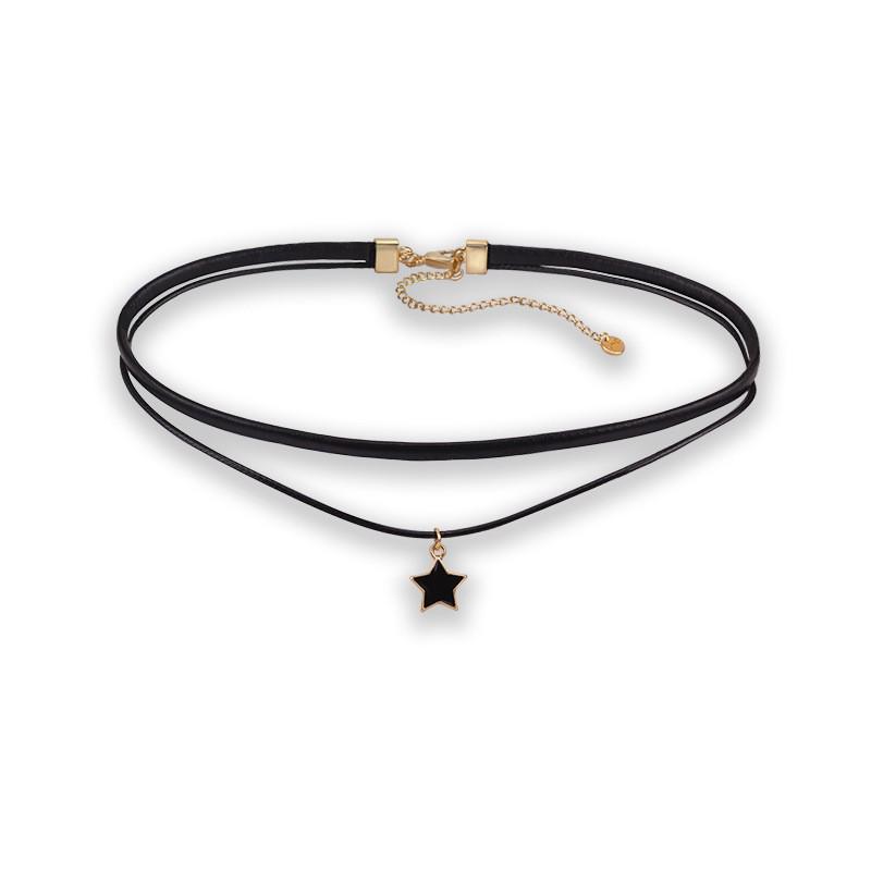Japanese-Style Harajuku Pentagram Choker - Women's Double-Layer Black Leather Clavicle Chain Necklace