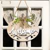 Welcome Wreath, Wood with Hemp Rope Hanger, Fabric Bow Decor Rustic Round Sign, for Doors Walls Entryway