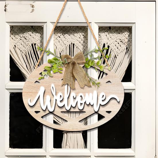 Welcome Wreath, Wood with Hemp Rope Hanger, Fabric Bow Decor Rustic Round Sign, for Doors Walls Entryway