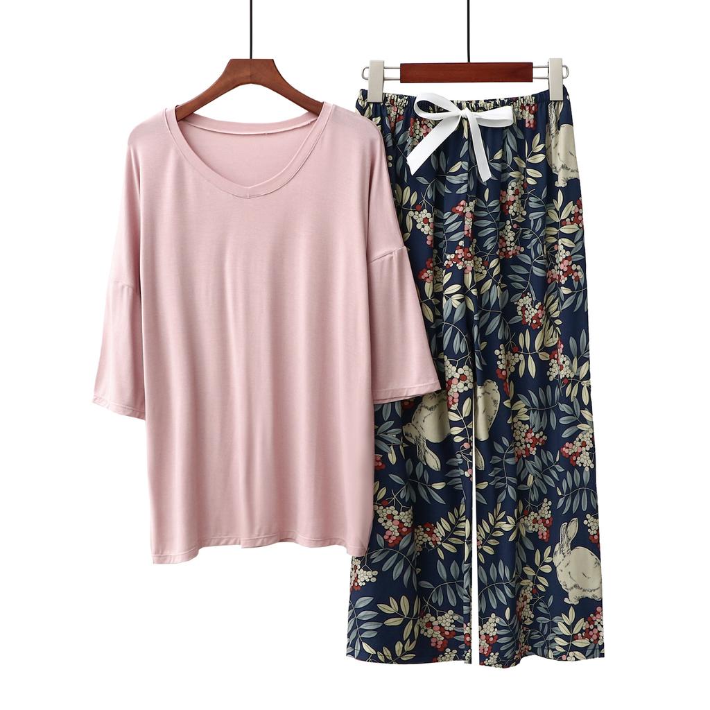 Sommer Damen Pyjama Sets Modal Kurzarm T-Shirts und Weitbein Hosen Heiß Lässig Homewear 2-teiliges Anzug Damen Nachtwäsche
