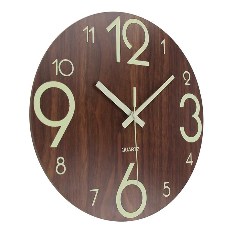 Round Luminous Wall Clock Glow In Dark Wooden Silent NonTicking Modern Style for Bedroom Decor
