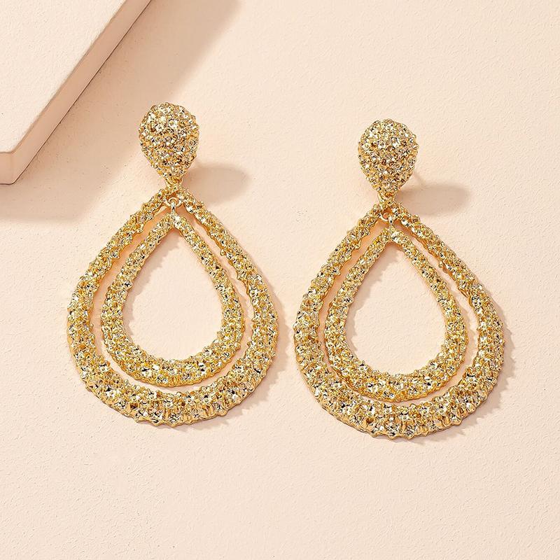 Europe and America Exaggerated Vintage Metal Waterdrop Earrings for Women Girls Double Layered Long Earrings Chunky Jewelry Gift