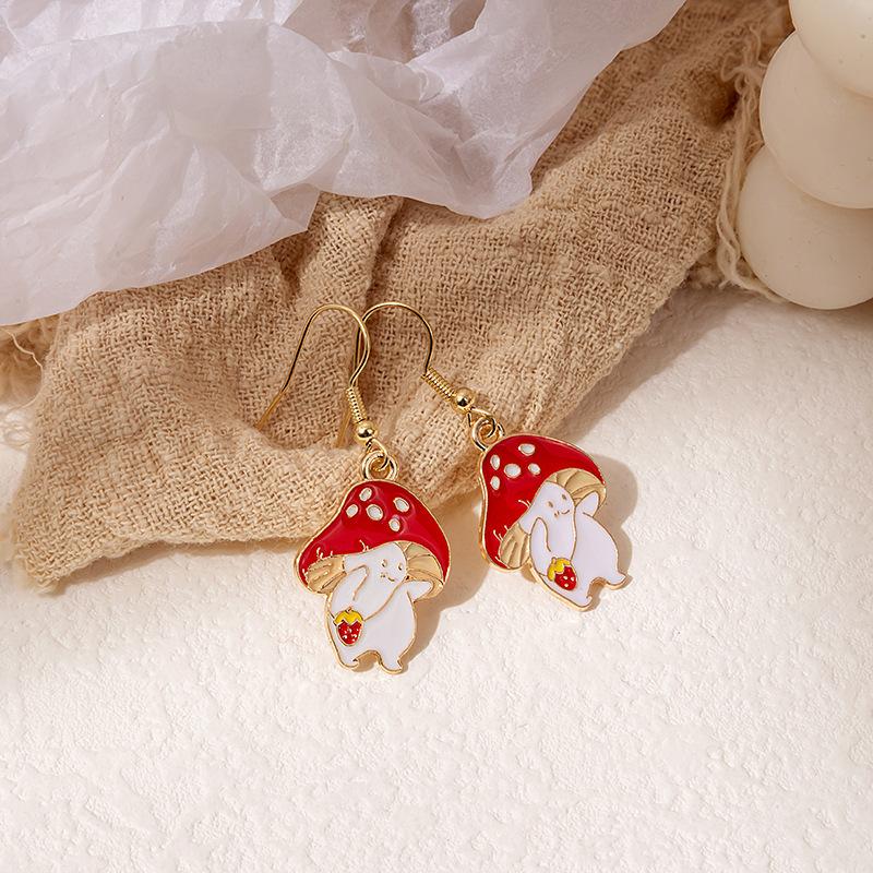 Fun Cartoon Asymmetrical Oil Drop Earrings, Guochao Panda Animal Fruit Earrings, Cute Mushroom Leaf Earrings