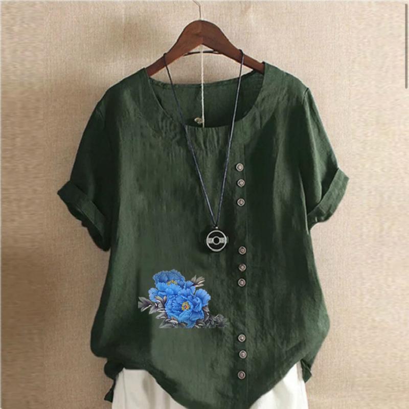 Women's Fashion Round Neck Short Sleeve T-shirt Casual Cotton Linen Graphic Shirt Leisure Loose Blue Flower Prined Summer Blouse Tops