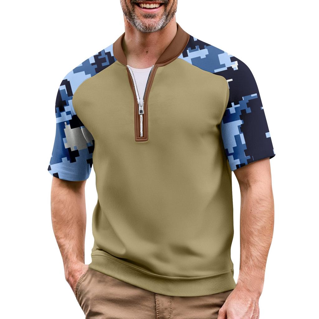 Men's Summer Camouflage Color Casual T-shirt Sports Breathable Zipper Collar Top