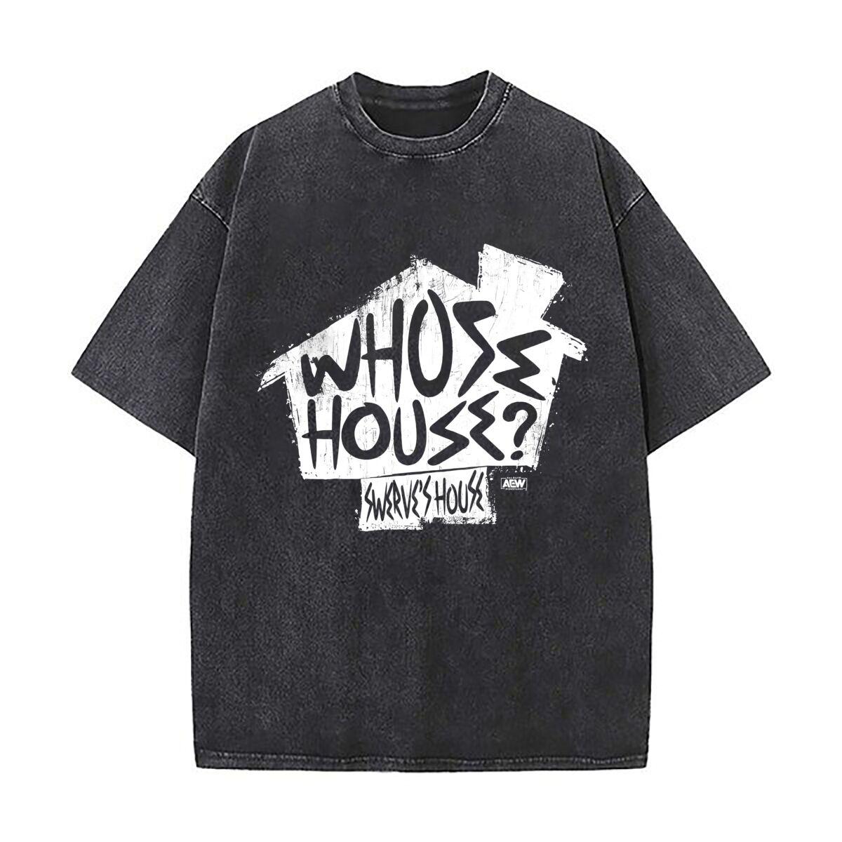 Whose House Text and House Art Vintage Distressed Washed Cotton Short Sleeve Streetwear Outfit S