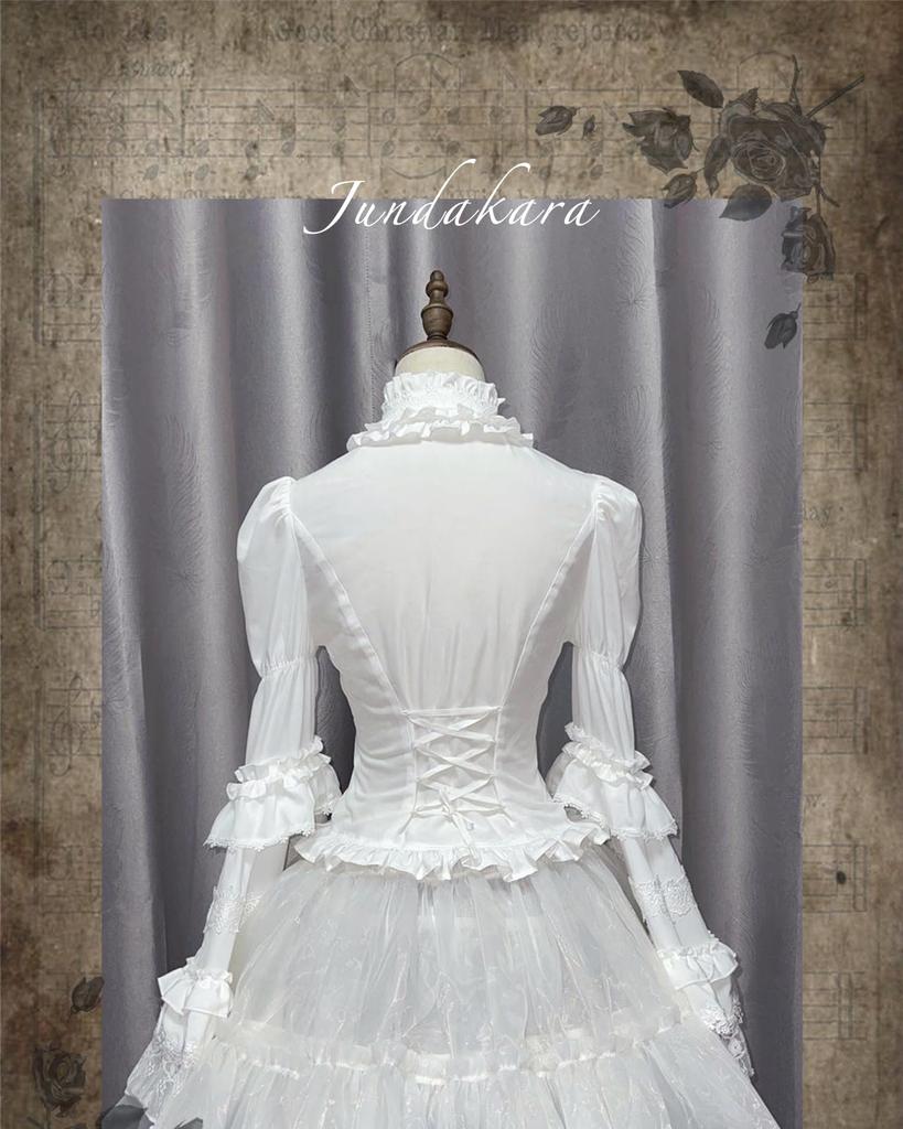 Jundakara Back Princess Sleeve Lolita Floral Puff Long Cute French Student Size L Women's Lace-Up Blouse, Stand-Up Collar, Style, Print, Lace,