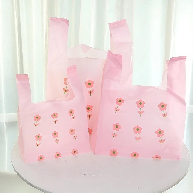 50pcs Disposable Peach Fruit Pattern Hand Bag Packaged Flower Takeaway Bags Snack Double Ear Plastic Vest Handle Shopping Pouch