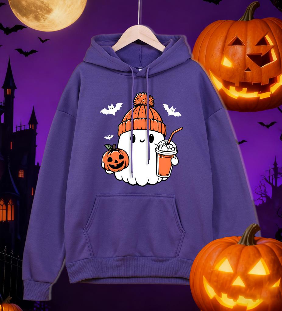 A Cute Ghost Holding A Drink Pattern Mens Hoodies Casual Autumn Pocket Streetwear Loose Hip Hop Pullovers Fleece Man Hoody