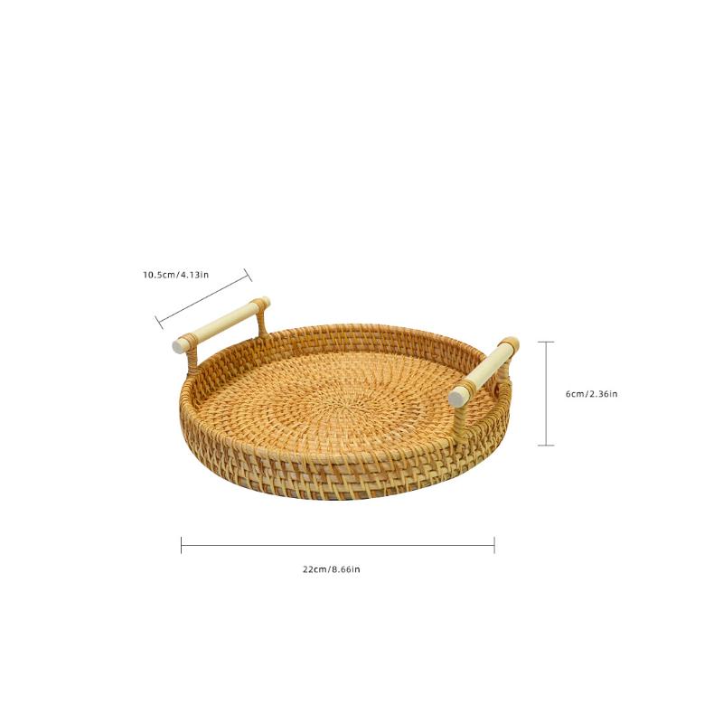 Dinner Serving Tray Breakfast Bread Food Plate Handwoven Rattan Storage Tray Round Shape Fruit Cake Wicker Basket With Handle