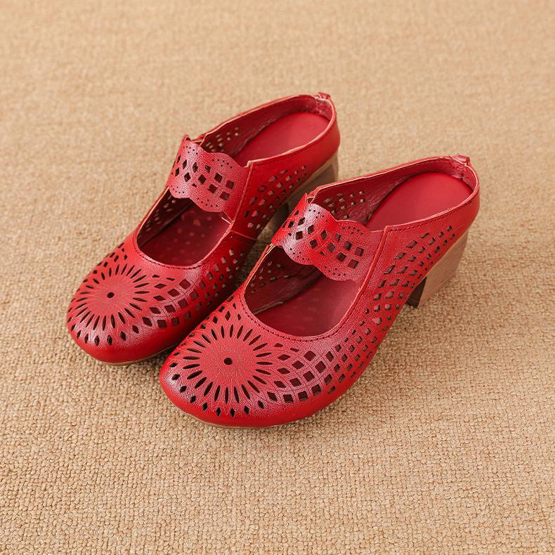 New Summer Retro Handmade Hollow Hole Shoes Mid-heel Casual Women's Slippers Mid-mother Soft Sole Shoes