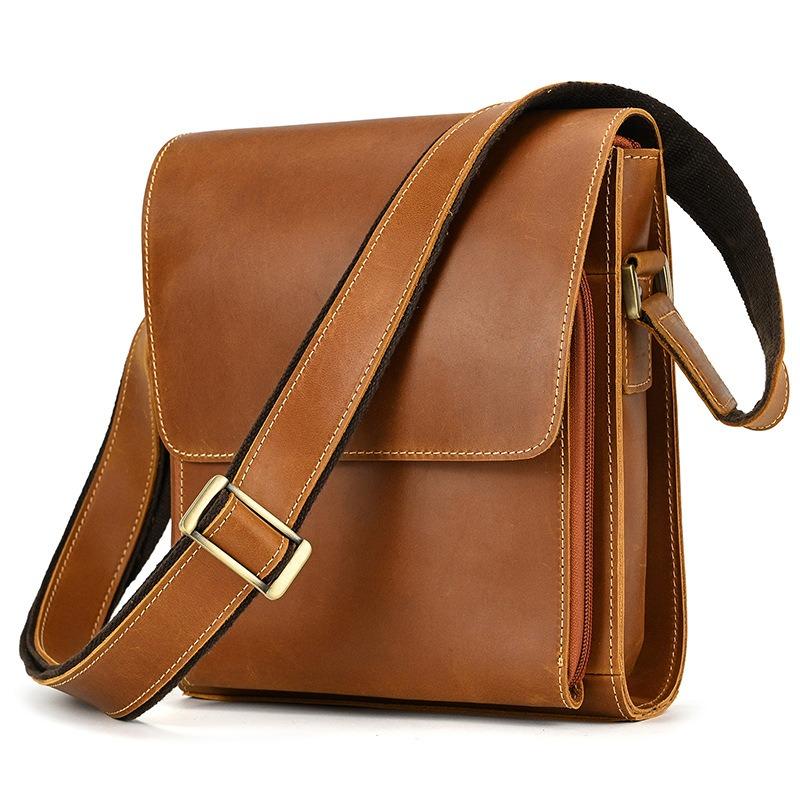 Men's Genuine Leather Shoulder Bag Crazy Horse Leather Messenger Bag Popular Retro First-layer Cowhide Flip Bag iPad Bag