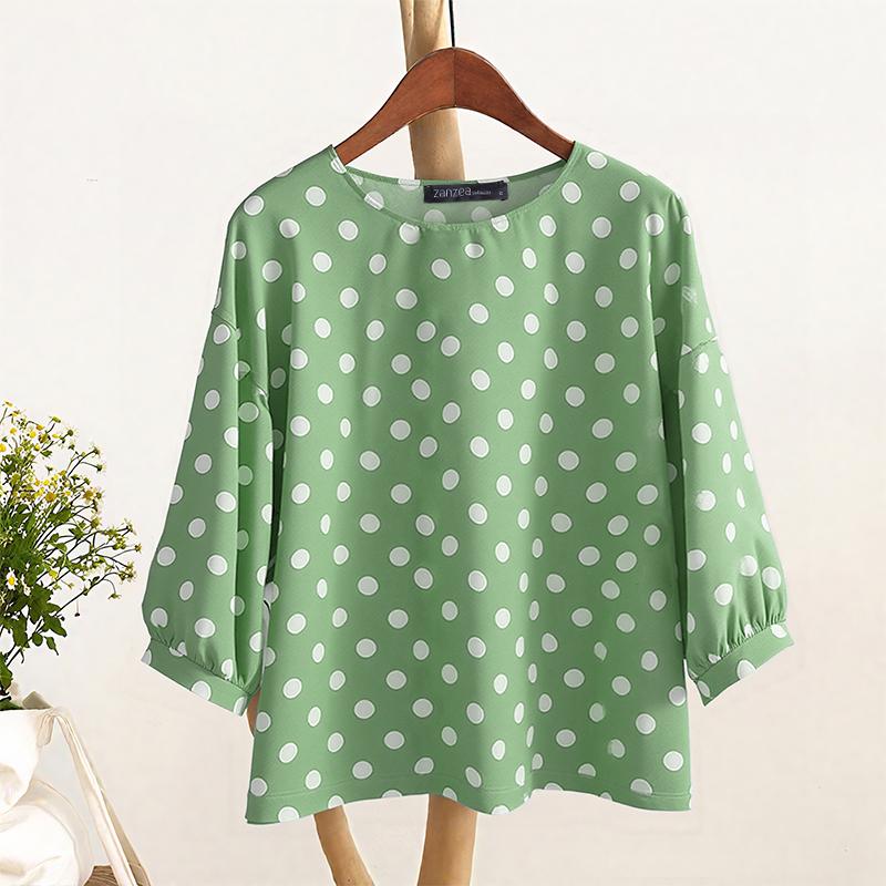 ZANZEA Women Casual Round Neck 3/4 Sleeve Loose Polka Dot Print Blouse