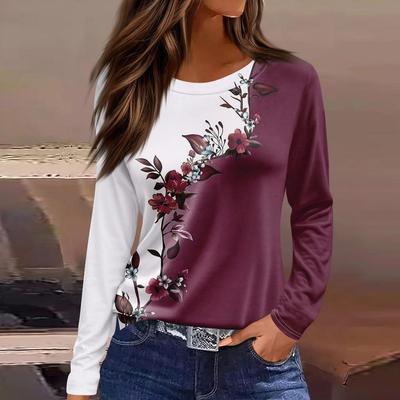 Women's T-shirt 3D Floral Solid Color Printing Fashion Long Sleeve Round Neck Regular Top Holiday Weekend Spring and Autumn