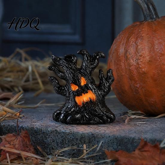 Three-dimensional Halloween Ornament Decoration, Ghost Face Tree Stump Lantern, LED Resin Spooky Decor Glowing Pumpkin Decor, Festival Atmosphere