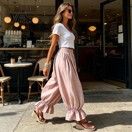Commuting Pants Women Bloomers, High Elastic Waistband Wide Leg Trousers, Bohemian Ruffled Adjustable Waist Balloon Cuffs Super Loose Harem for Casual
