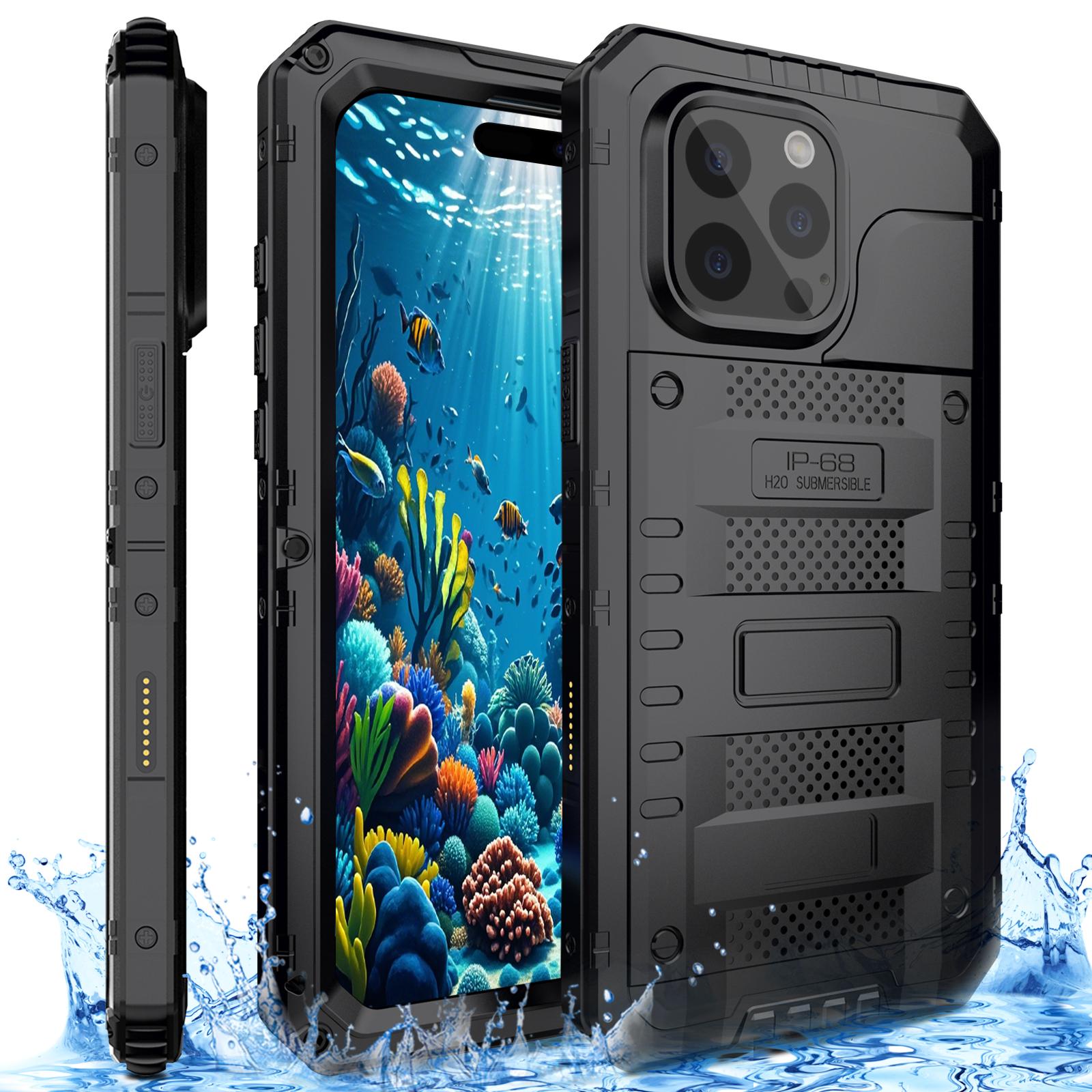 

IP68 Waterproof Phone Case for iPhone 16 Pro Max Metal+Silicone Cover with Screen Protector Black