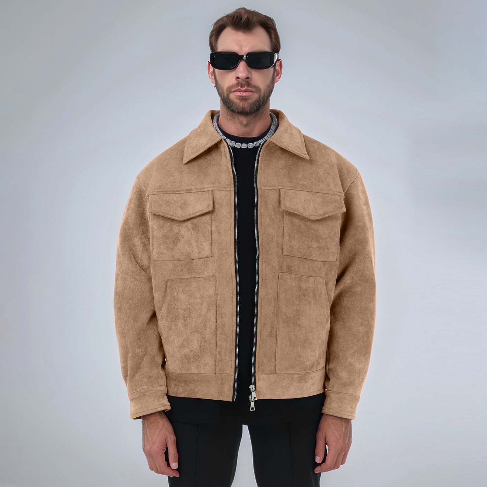 

Мужская однотонная куртка с лацканами, повседневная удобная утолщенная куртка на молнии с большими карманами XL