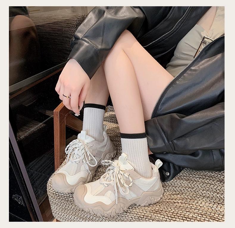 Autumn new heightened thick-soled dad shoes women's leather breathable non-slip soft-soled ugly cute casual sports shoes tide