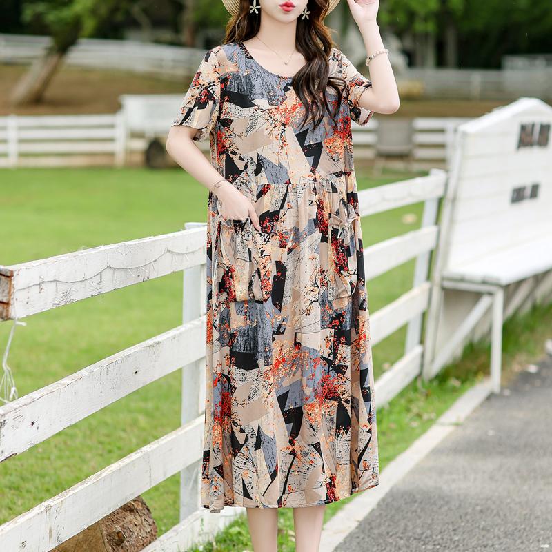 Vintage Print Lange Jurken voor Vrouwen Plus Size Korte Mouw Casual Zomerjurk Elegante Middelbare Leeftijd Dameskleding