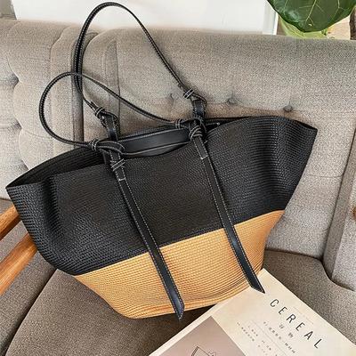 Women's Straw Shoulder Bag Large Capacity Bag Patchwork Color Beach Bag Travel Holidays