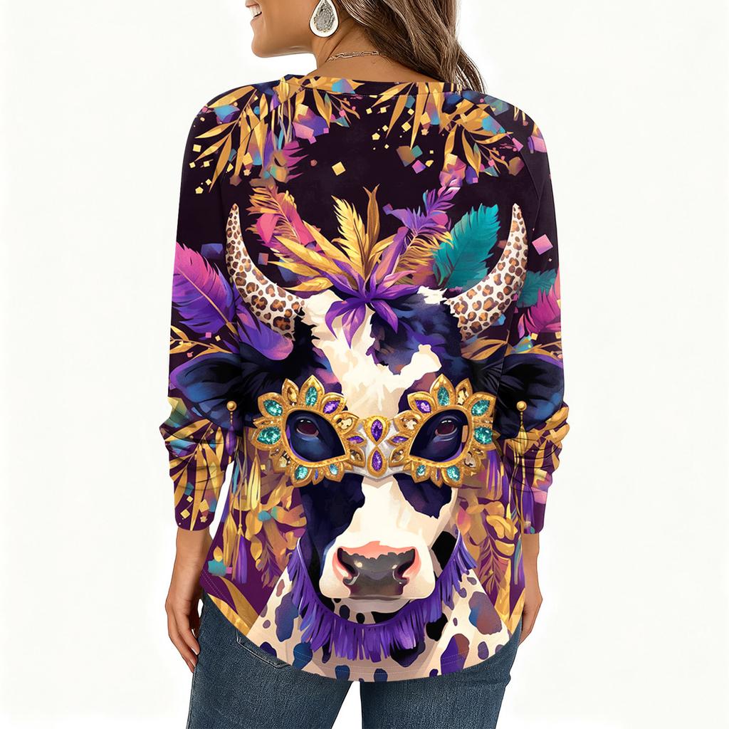 Women's Fashionable Loose Long Sleeved Carnival Printed Casual Top