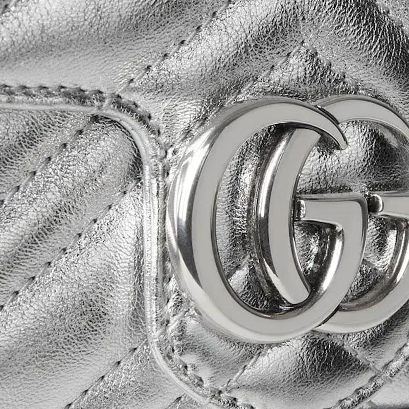 Gucci GG Marmont Silver Metallic Leather Chevron Quilted Mini Chain Crossbody Bag For Women Daily Use