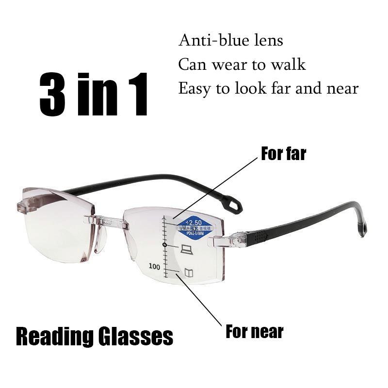 Rimless Progressive Multifocal Reading Glasses with Anti-blue Light and Diamond-cut Design