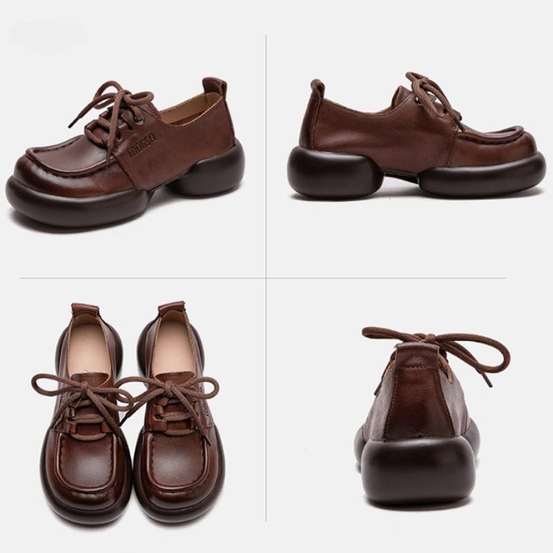 Johnature Genuine Leather Retro Handmade Thick Sole Versatile Pumps Casual Lace-up Women's Shoes